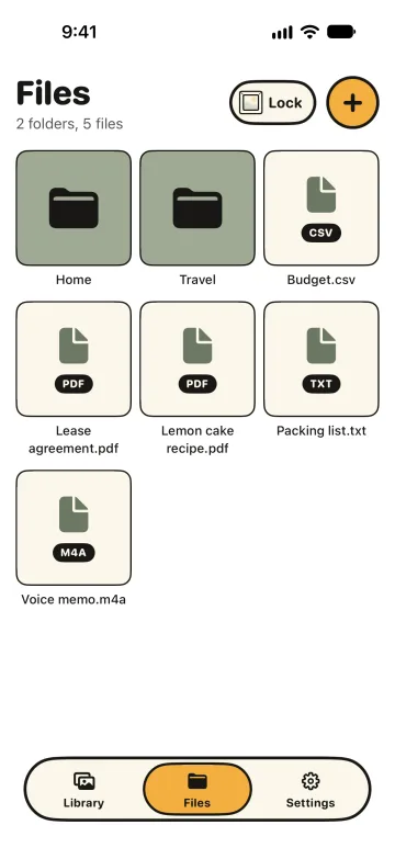 Files in a Drawer: the folders Home and Travel, two PDFs, a spreadsheet, a text file, and a voice memo, all as tiles.
