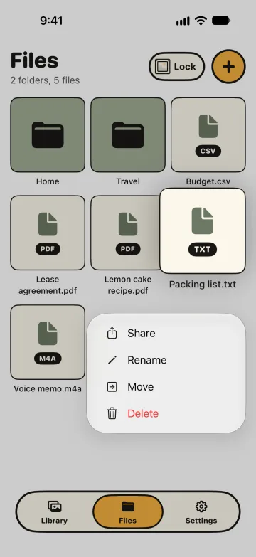 The menu of one file with the actions Share, Rename, Move, and Delete.