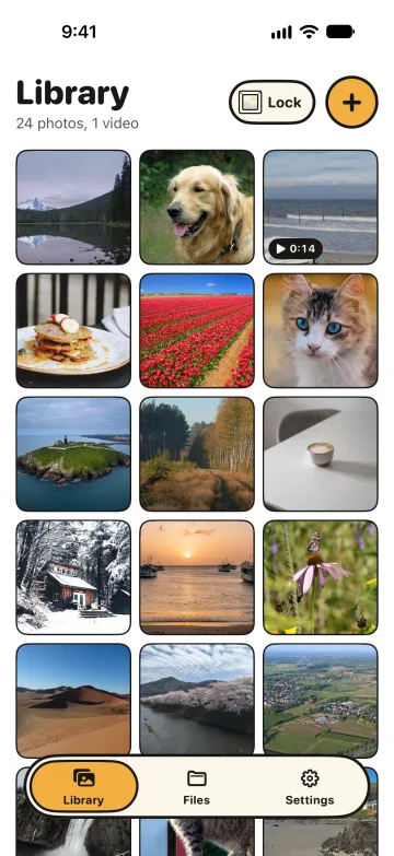 The Library of an open Drawer: a grid of photos and one video, with Library, Files, and Settings below.