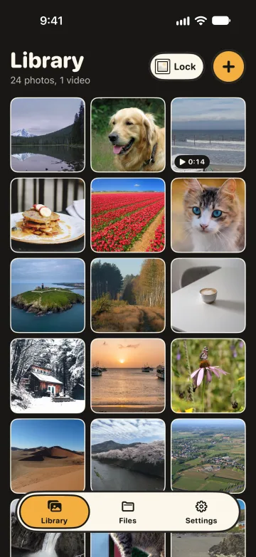 The Library in the ink look: the same photo grid on a dark ground with cream outlines.