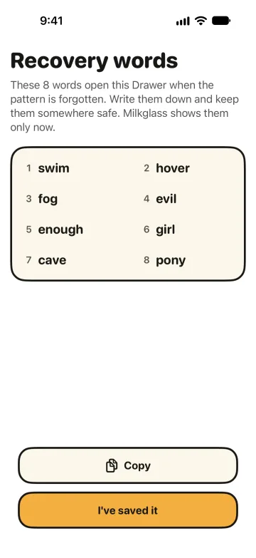 The recovery words screen with 8 numbered sample words, a Copy button, and “I've saved it”.