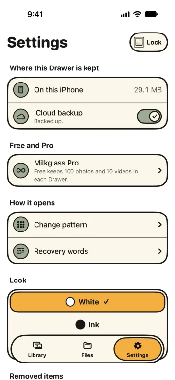 Settings of a Drawer. Under “Where this Drawer is kept”: “On this iPhone” with its size, and “iCloud backup” switched on and “Backed up”.
