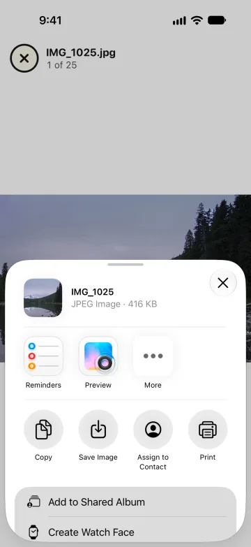 The iPhone share sheet over a photo, with the apps and actions that can receive it.